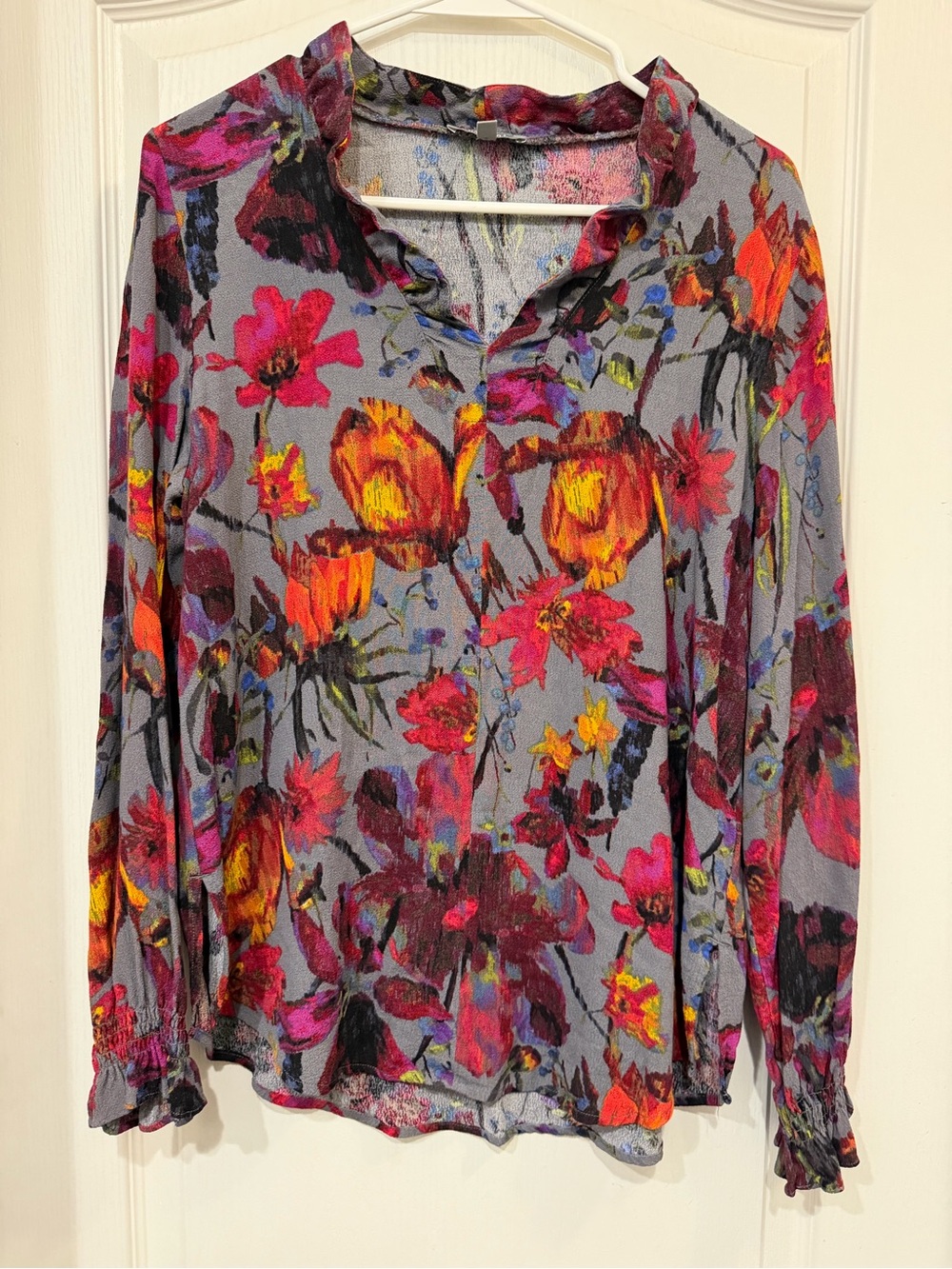 Habitat Gray Blouse with Pink & Orange Floral Print